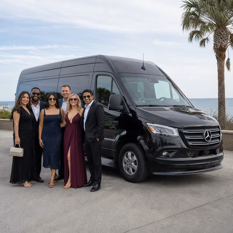 Group beside a Mercedes Sprinter limo from the Myrtle Beach fleet