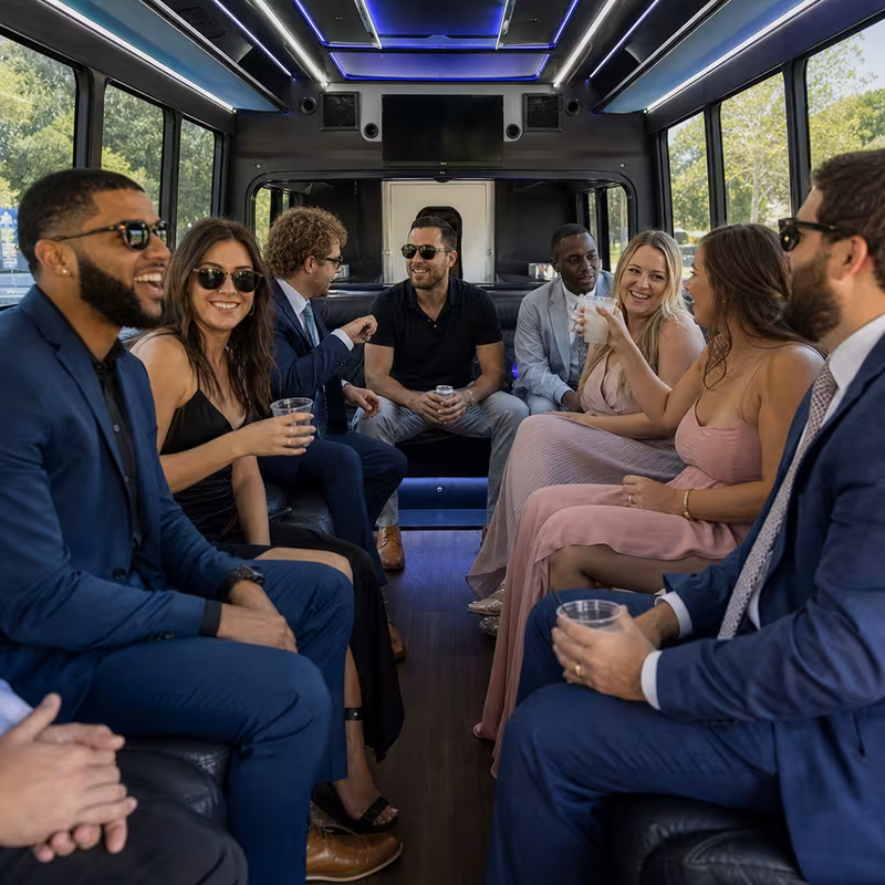 Wedding guests seated inside a Myrtle Beach party bus