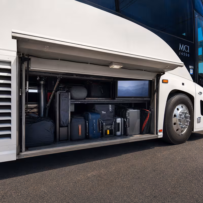 Party bus interior with wraparound leather seating and LED lighting in Myrtle Beach