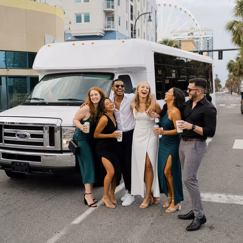 Black Mercedes Sprinter van staged for an Myrtle Beach Bachelor & Bachelorette Transportation group