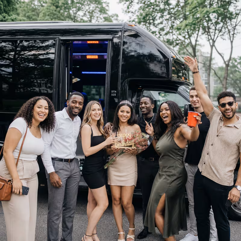 Group boarding a white charter bus for Birthday Transportation transportation in Myrtle Beach