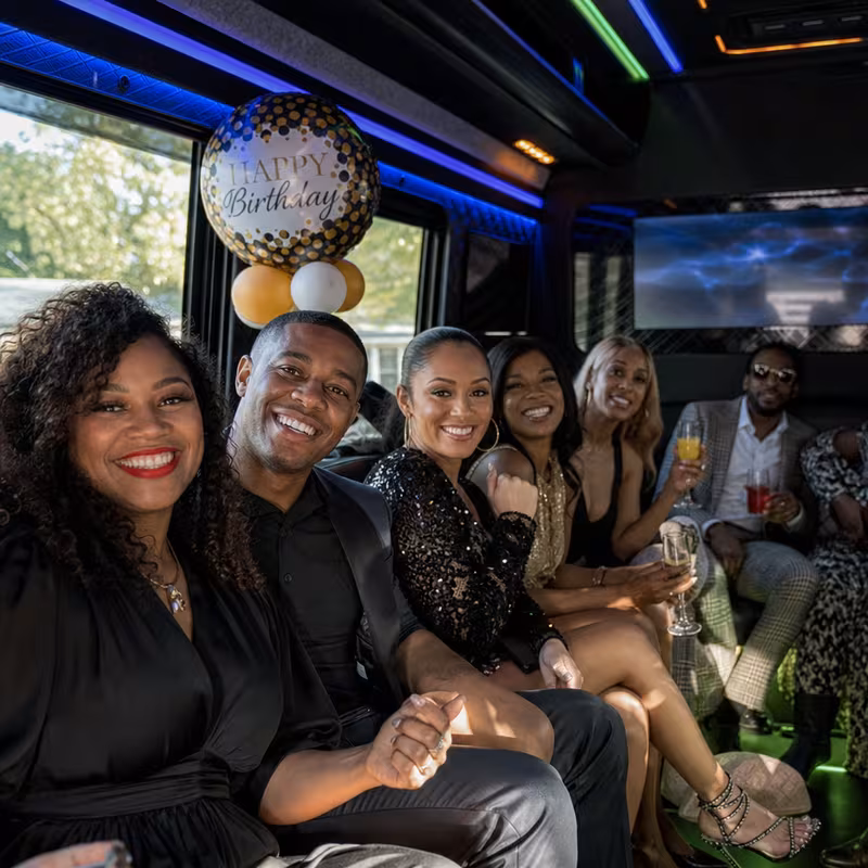 Black Mercedes Sprinter van staged for an Myrtle Beach Birthday Transportation group