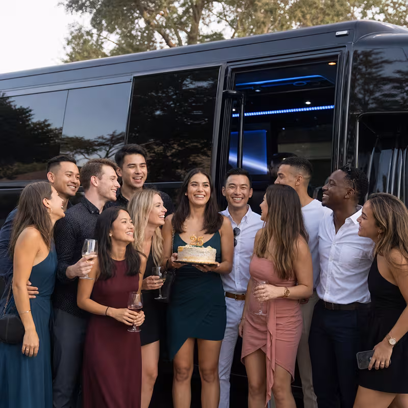 Party bus interior with wraparound leather seating and LED lighting in Myrtle Beach
