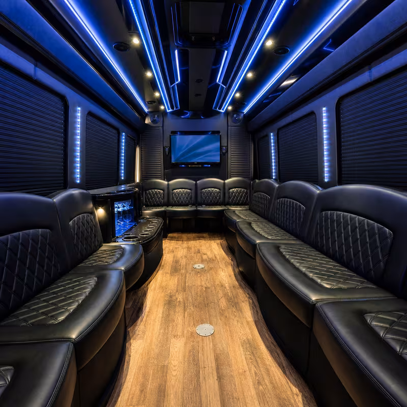 Party bus interior with wraparound leather seating and LED lighting in Myrtle Beach