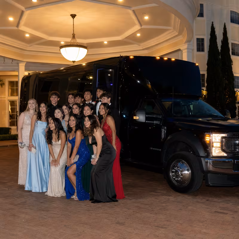 Party bus interior with wraparound leather seating and LED lighting in Myrtle Beach