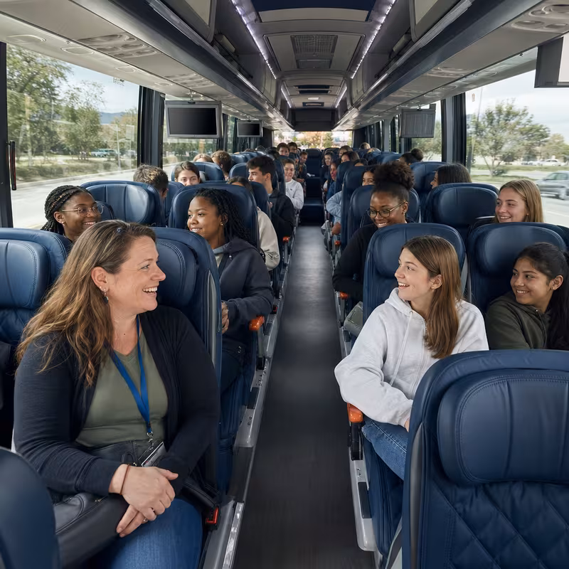 Group boarding a white charter bus for School Transportation transportation in Myrtle Beach