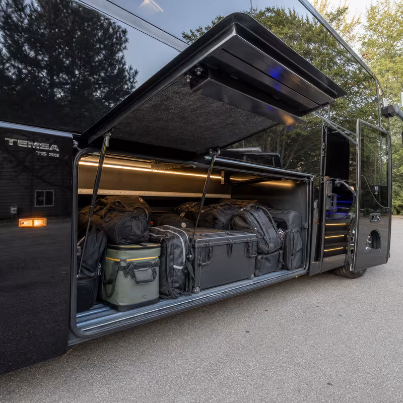 Party bus interior with wraparound leather seating and LED lighting in Myrtle Beach