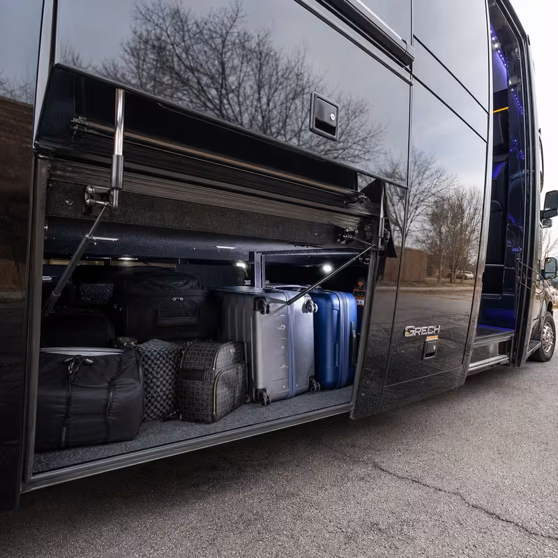 Party bus interior with wraparound leather seating and LED lighting in Myrtle Beach